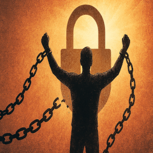 Une silhouette se libérant de lourdes chaînes représentant les contraintes et la frustration des mots de passe complexes, vers une lumière plus claire. Un cadenas fait face à cette personne.