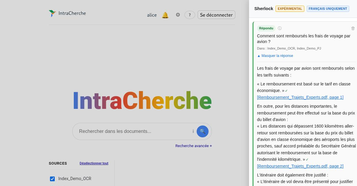 Sherlock répond à une question en citant les passages et les pages des documents